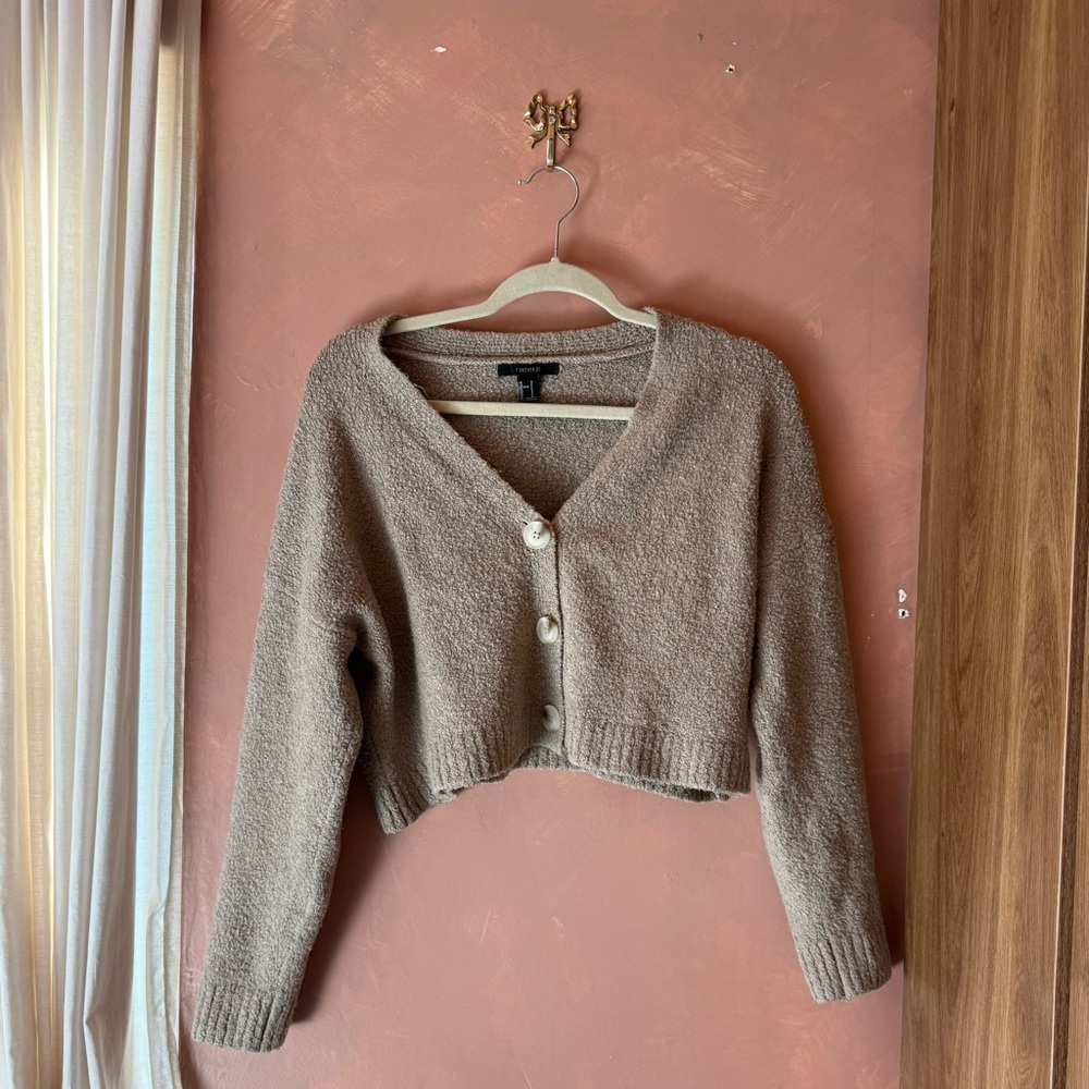 F21 Cozy Taupe Button-Up V-Neck Women's Sweater